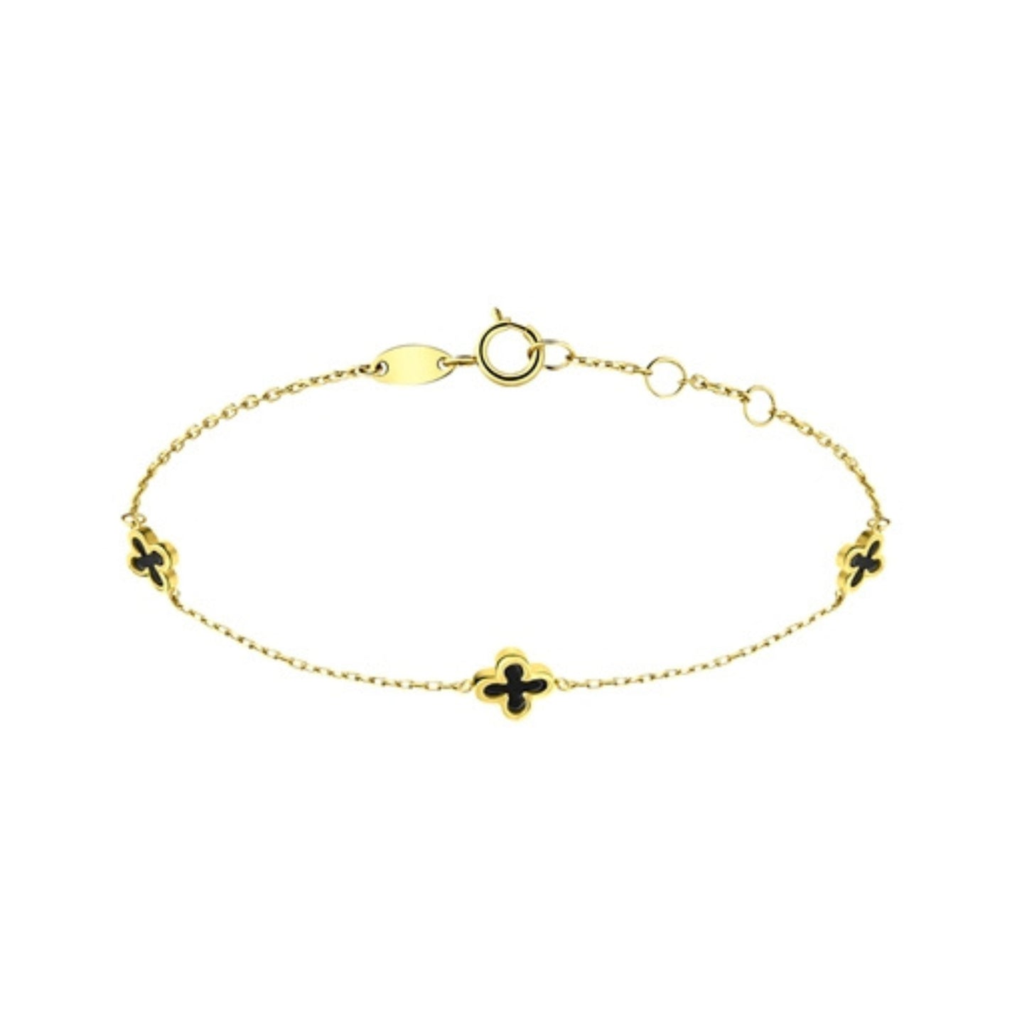 14 Karat - Bracelet avec 3 Trèfles Onyx - Or Jaune