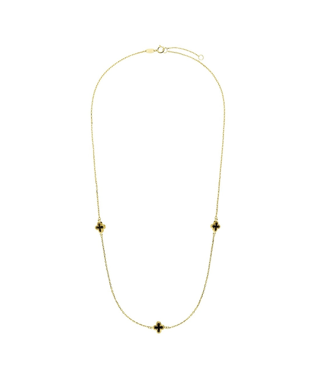 Trèfle enchanteur : collier en or jaune 14 carats avec trio d'onyx